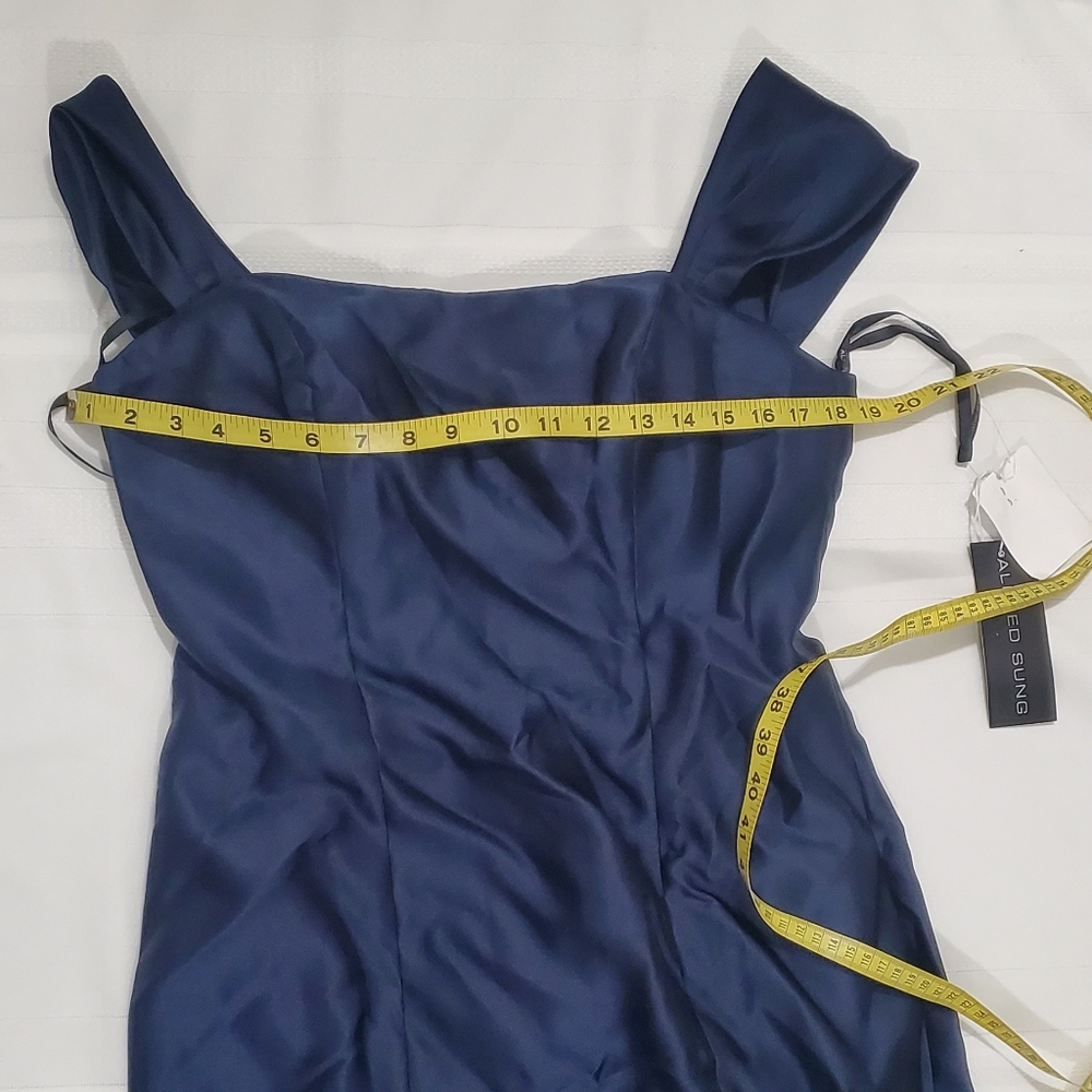 NWT ALFRED SUNG Off-The-Shoulder Bow Back Satin Trumpet Gown in Midnight Navy - Picture 6 of 12